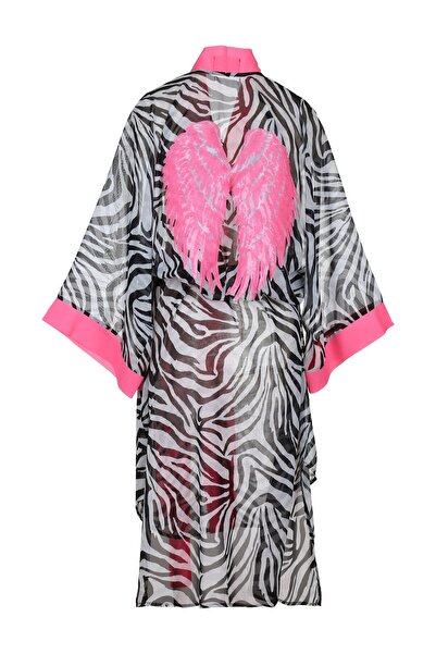 Gaintart Zebra Şifon, Neon Pembe Biye Ve Kuşak, Arkası Neon Pembe Melek Kanad...