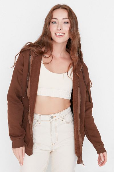 Trendyol Collection Кафяв суитшърт с качулка Oversize/Wide и дебел полар с качулка TWOAW21SW0840