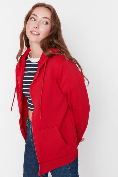 Trendyol Collection Piros túlméretes/széles szabású cipzáras kapucnis vastag polár belső pulóver TWOAW21SW0840