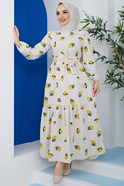 Feiza Collection Limon Desenli Tesettür Elbise - Sarı