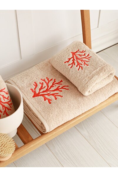 KM Home Collection Kırmızı Mercan Işlemeli Pamuk El Havlusu