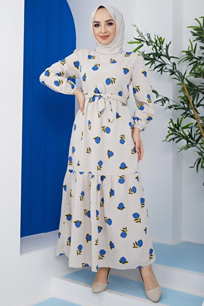 Feiza Collection Limon Desenli Tesettür Elbise - Mavi