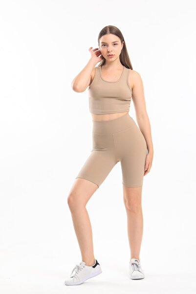 TarzOlur طقم شورت بوستير مضلع عالي الخصر باللون البيج