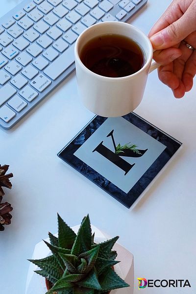 Decorita Glass Coaster| Letter Design| Set of 4| K| 10cm X 10cm