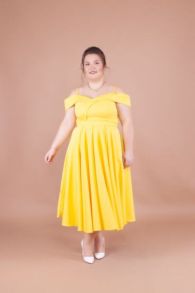 Bidoluelbise Women's Plus Size Strappy Off-Shoulder Detail Pleated Midi Dress