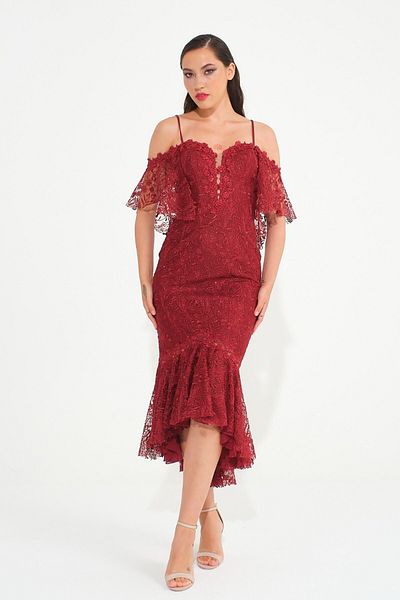 SpringStore Rochie de seara cu siret cu maneca batista burgundy