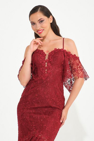 SpringStore Rochie de seara cu siret cu maneca batista burgundy