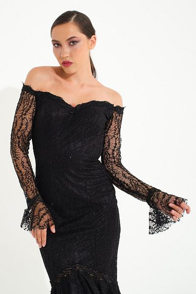 SpringStore Rochie de seara neagra cu maneca lunga, lungime midi