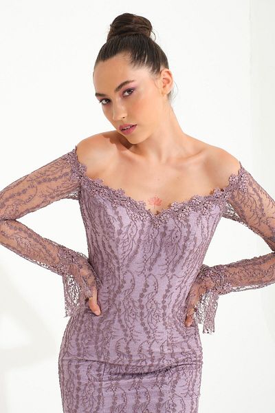 SpringStore Rochie de seara cu maneca lunga, lungime midi, trandafir