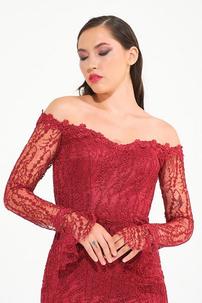 SpringStore Rochie de seară cu mânecă lungă de culoare burgundy