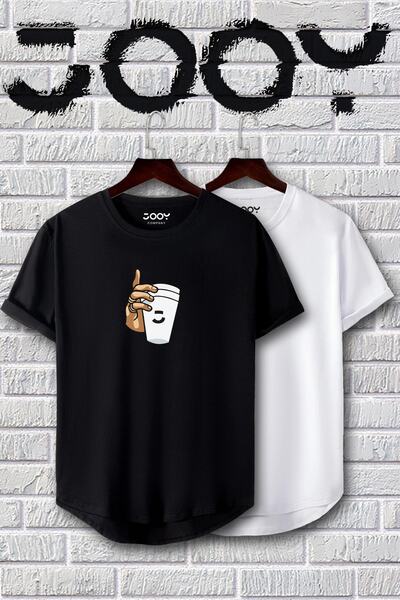 Jooy Company Siyah Beyaz Oval Kesim Bardak Tasarım Tshirt 2'li Set
