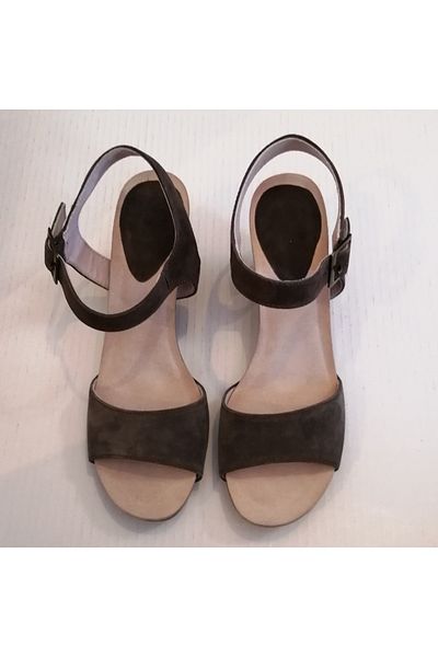 Logan Women's Genuine Suede Khaki Single Front Strap Ankle Bronze Buckle Banded Wedge Heeled Sandals