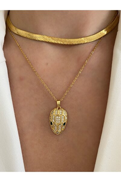 Pinery Jewels Büyük Taşlı Yılan Çelik Kararmaz Gold Kolye