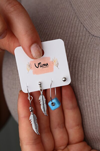 Vilma Aksesuar Blue Bead Leaf Detailed Set of 4 Earrings