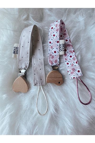 GOER STORE 100% Cotton Fabric Pacifier Strap with Heart and Bird Natural Wood Detail