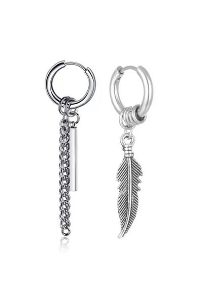 Jaida Moda Unisex Silver Feather And Bar Dangle Steel Hoop Earrings
