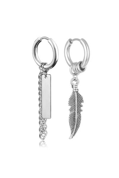 Jaida Moda Unisex Silver Bar And Feather Dangle Steel Hoop Earrings