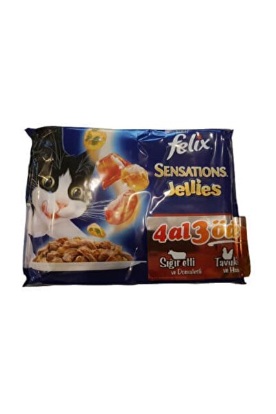 FELIX Sensations Sığır Etli Tavuklu Jelli Pouch Kedi Konserve 4 Al 3 Öde