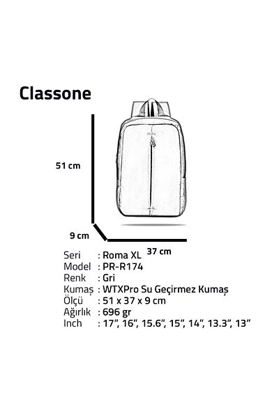 Classone حقيبة ظهر للكمبيوتر المحمول Pr-r174 من القماش المقاوم للماء مقاس 17 بوصة، باللون الرمادي