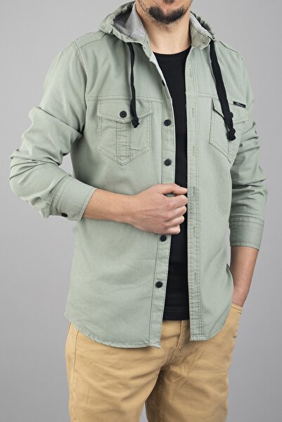bombe Ανδρικό τζιν πουκάμισο με κουκούλα σε πράσινο χρώμα