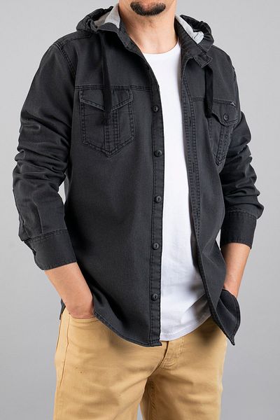 bombe Ανδρικό τζιν πουκάμισο με κουκούλα Slim Fit καπνιστό