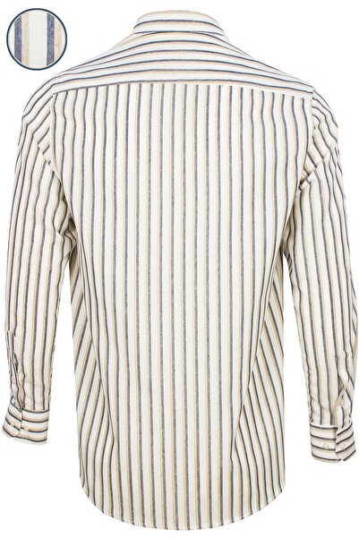 Varetta Men's Smoked Tan Striped Pattern Long Sleeve Buttoned Collar Classic Cut Shirt