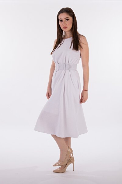 DEFİLE LUX Keten Jakar Kemerli Elbise Beyaz - Vina Serisi