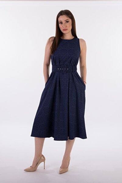 DEFİLE LUX Keten Jakar Kemerli Elbise Lacivert - Vina Serisi