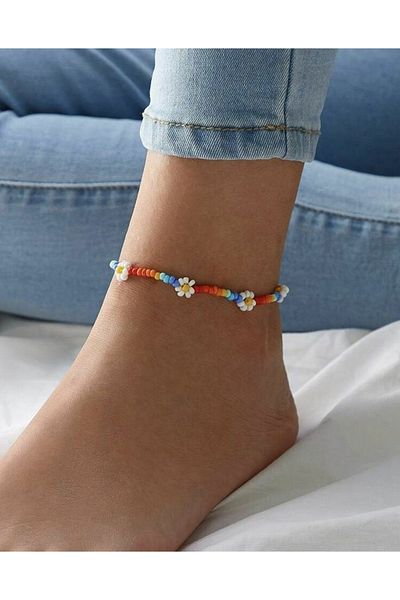 Beykan Women's Rainbow Beaded Daisy Anklet