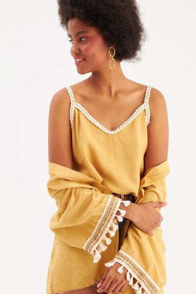Sateen بلوزة فضفاضة من الكتان الزعفراني