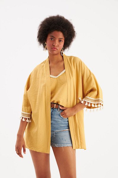 Sateen Casual Linen Kimono with Sleeve Detail - Saffron