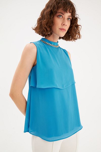 Sateen Flounce Blouse with Accessory Detail - Blue
