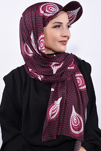 Nowa Scarf Şapkalı Desenli Şal Vişne
