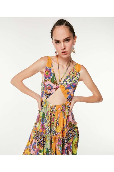 Twist Flower Pattern Cutout Dress