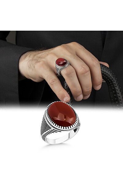 Argento Silver Kırmızı Akik Taşlı 925 Ayar Gümüş Erkek Yüzük