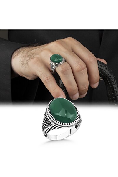 Argento Silver Yeşil Akik Taşlı 925 Ayar Gümüş Erkek Yüzük