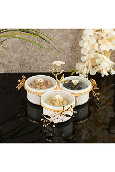 Gerçektrend Floral Laser Ceramic 3-Piece Breakfast Serving Bowl with Gold Sta...