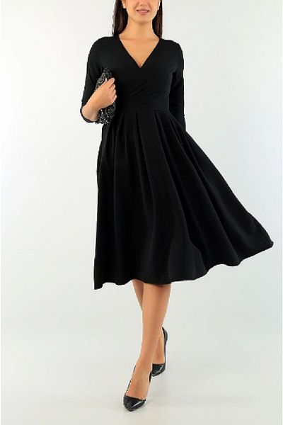 NKTCOLLECTİON Rochie de seară neagră de damă, cu guler dublu, țesătură Atlas, plisată, evazată, lungime midi Nkt-emr-58620
