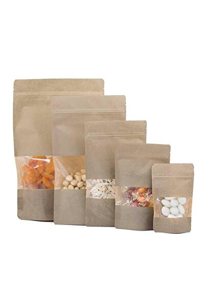1001 Ambalaj Kraft 8,5x14,5 Cm 50 Gramlık Pencereli Kilitli Doypack Torba 10 Adet