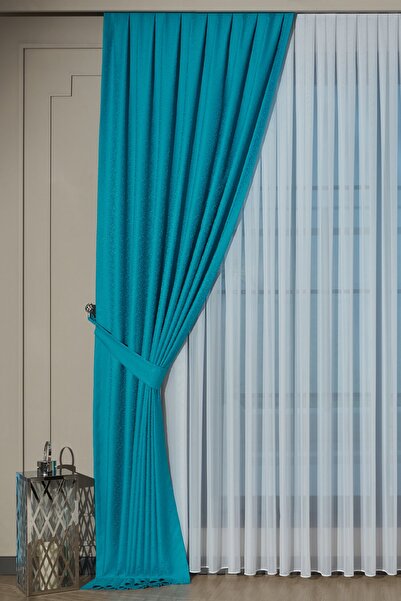 Beythome Turkuaz Saten Kendinden Desenli 80 Cm Orta Pile Fon Tek Kanat