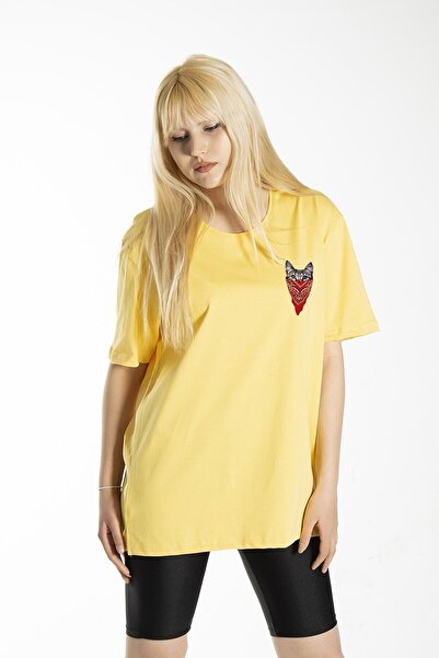 JAKARLI Tricou supradimensionat din bumbac, galben, mascat în față, imprimat ...