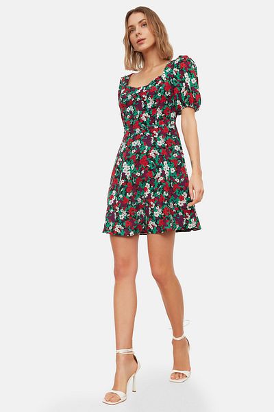 Trendyol Collection Πολύχρωμη φλοράλ στάμπα Μίνι υφαντό φόρεμα με γραμμή Α με μπαλόνι μανίκι TWOSS20EL0899