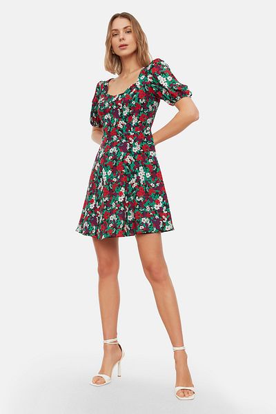 Trendyol Collection Πολύχρωμη φλοράλ στάμπα Μίνι υφαντό φόρεμα με γραμμή Α με μπαλόνι μανίκι TWOSS20EL0899