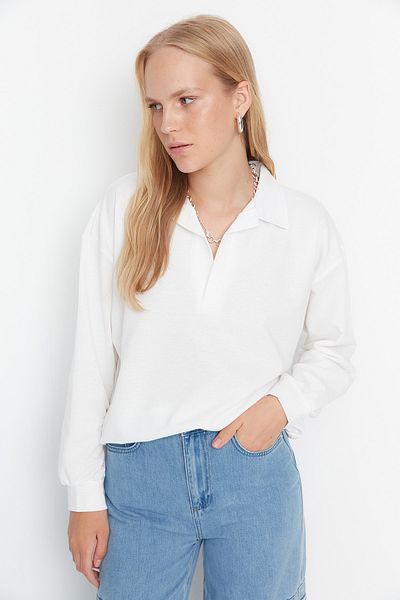 Trendyol Collection Off White Regular/Regular Fit Basic Polo límec Regular Tenká pletená mikina TWOAW23SW00003