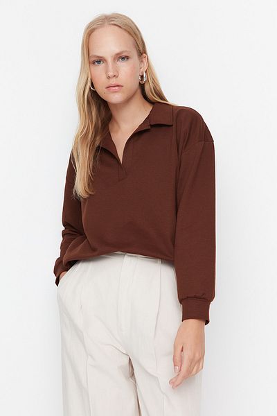 Trendyol Collection Кафяв обикновен тънък плетен суичър с поло яка с нормална кройка TWOAW23SW00003