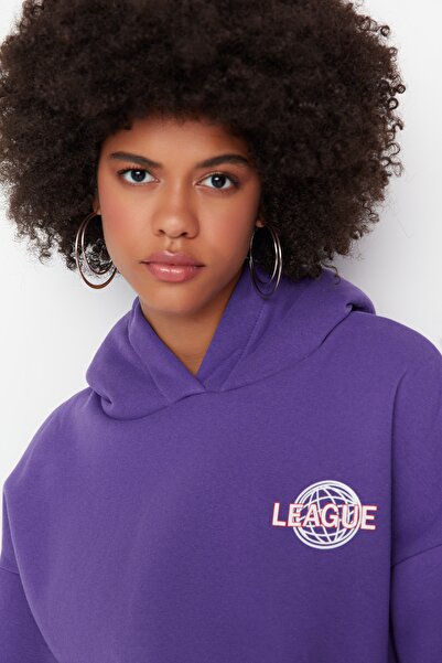 Trendyol Collection Fialová zadní potisk Detailní, s kapucí, tlustý fleece uvnitř pletená mikina TWOAW22SW0711