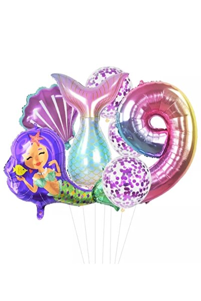 PARTİAVM Mermaid Tail Seashell 102cm Rainbow Number Balloon Sequin Mermaid Co...