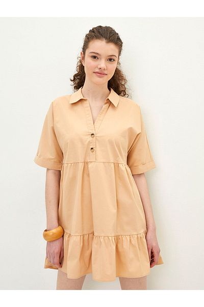 LC Waikiki Casual Shirt Collar Plain Short Sleeve Poplin Women's Dress