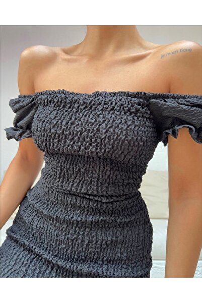 1Moda1Tarz Women's Black Madonna Collar Gipe Fabric Lined Mini Dress Sitting on the Waist