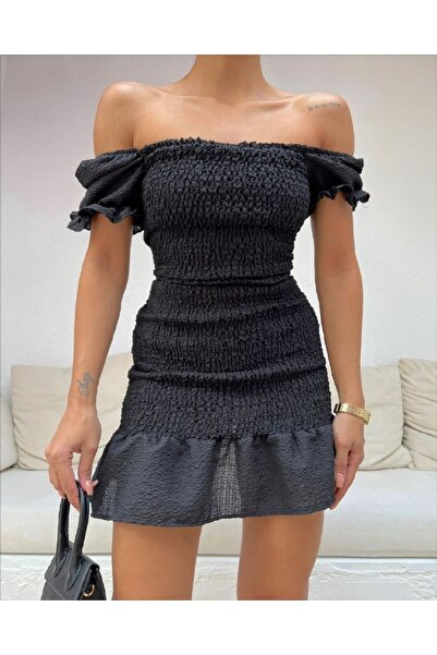 1Moda1Tarz Women's Black Madonna Collar Gipe Fabric Lined Mini Dress Sitting on the Waist